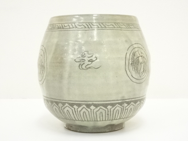 Ｐ９１９　水指　『高垣帰泥造』『於丹沢寄』『胴締水指』　共箱　茶道具 P919 水指 『高垣帰泥造』『於丹沢寄』『胴締水指』 共箱